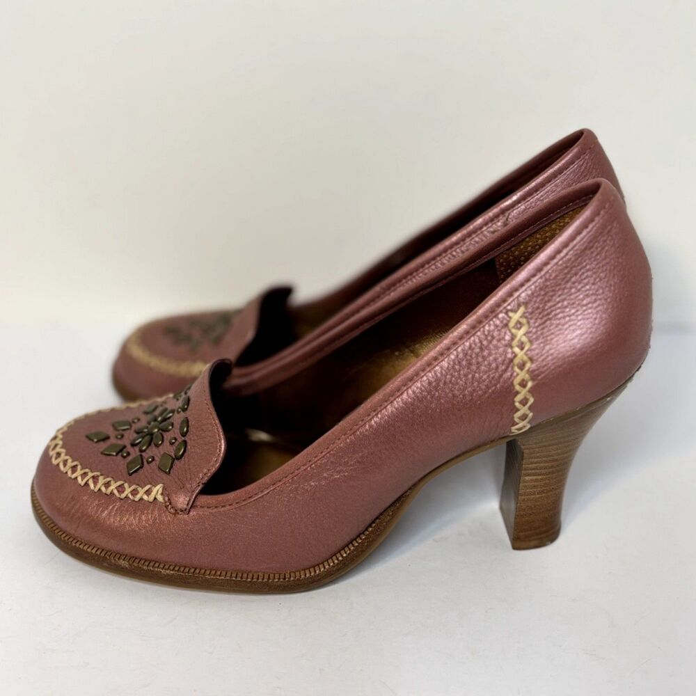 Gianni Bini Metallic Rose Gold Leather Loafer Pumps Studded Beaded Womens - Picture 2 of 5